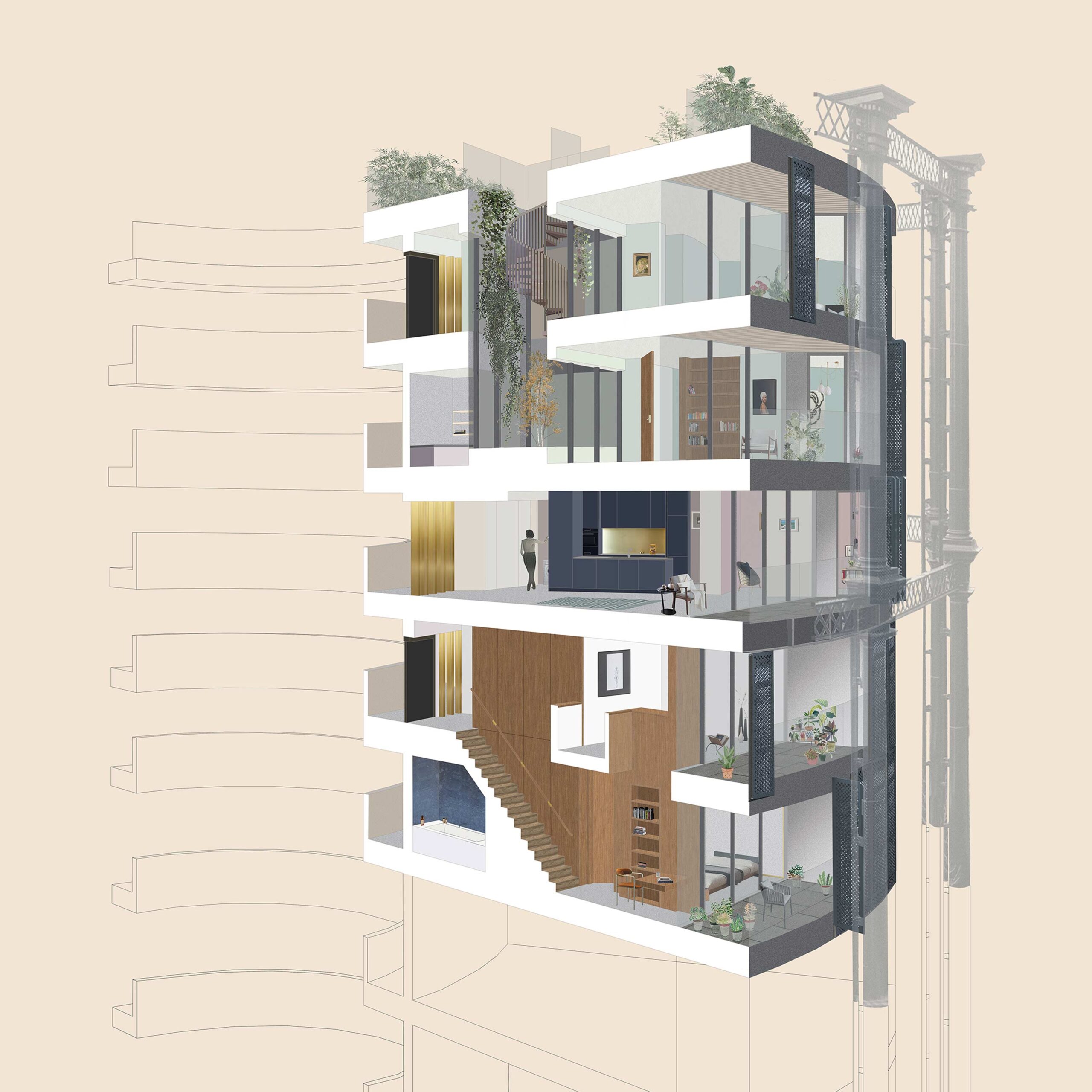 Sezione prospettica che illustra la divisione interna di appartamenti a piani individuali e doppi.