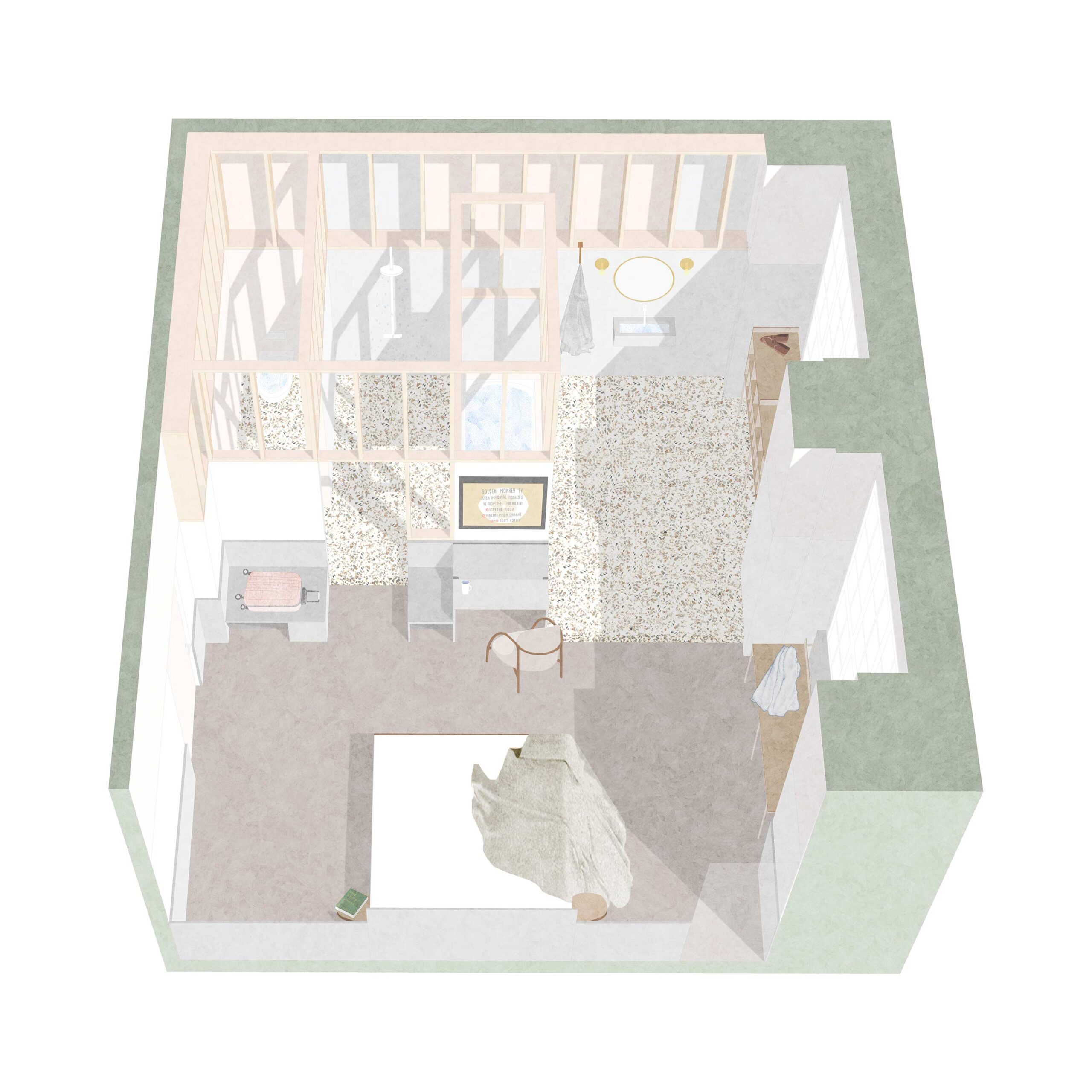 Illustration showcasing the joinery interventions and relationship between bedroom and bathroom. 