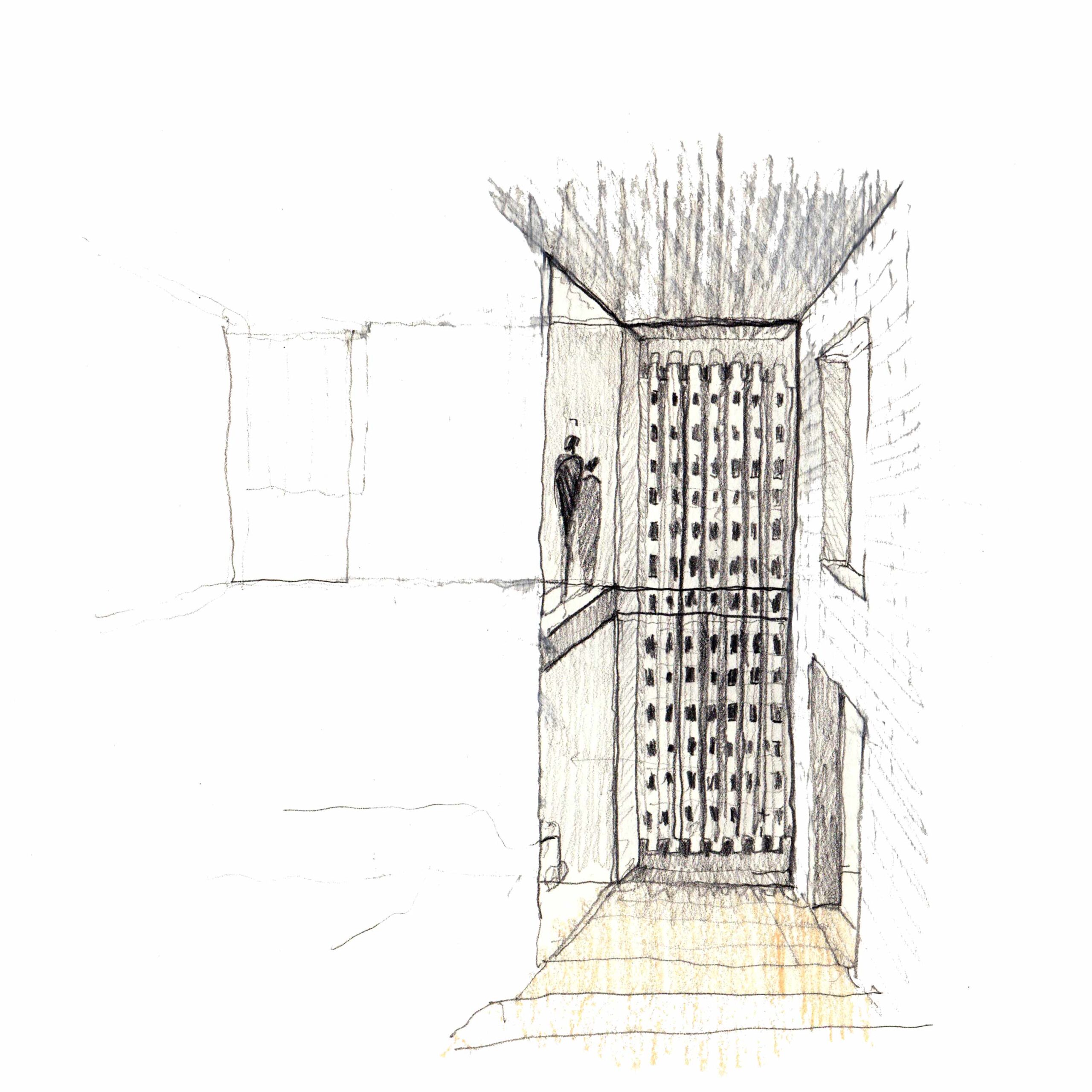 Skizze des Treppenhauses und der gitterförmigen Ziegelsteinfassade von innen.