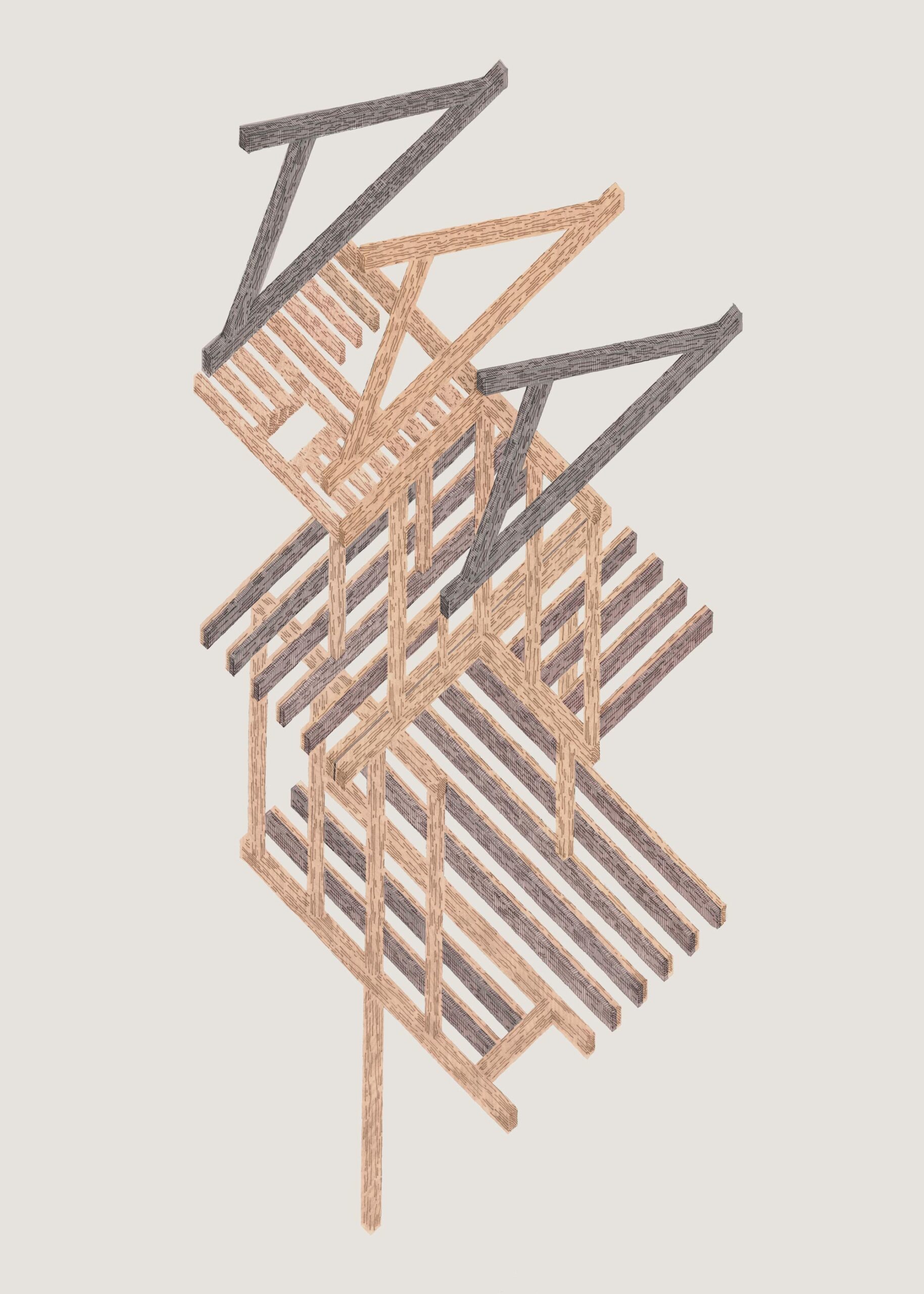 Assonometria della struttura in legno a traliccio: da singolo palo a tettoia strutturale.
