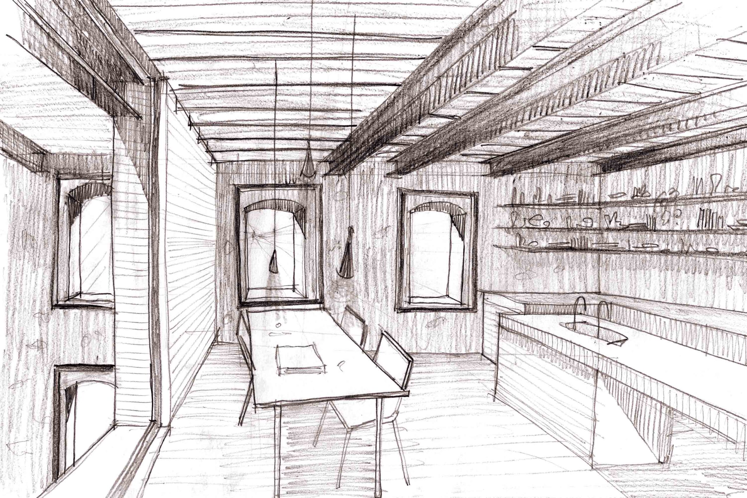 Proposed sketch of a mezzanine kitchen and dining area. 