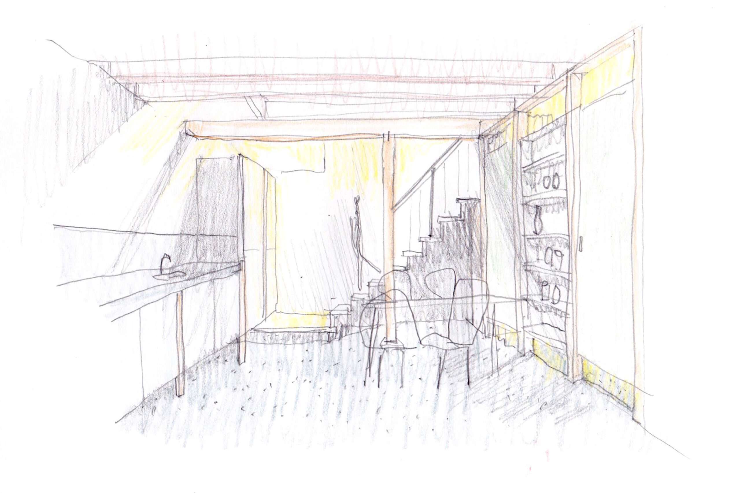 Sketch of the kitchen and ascending stair. 